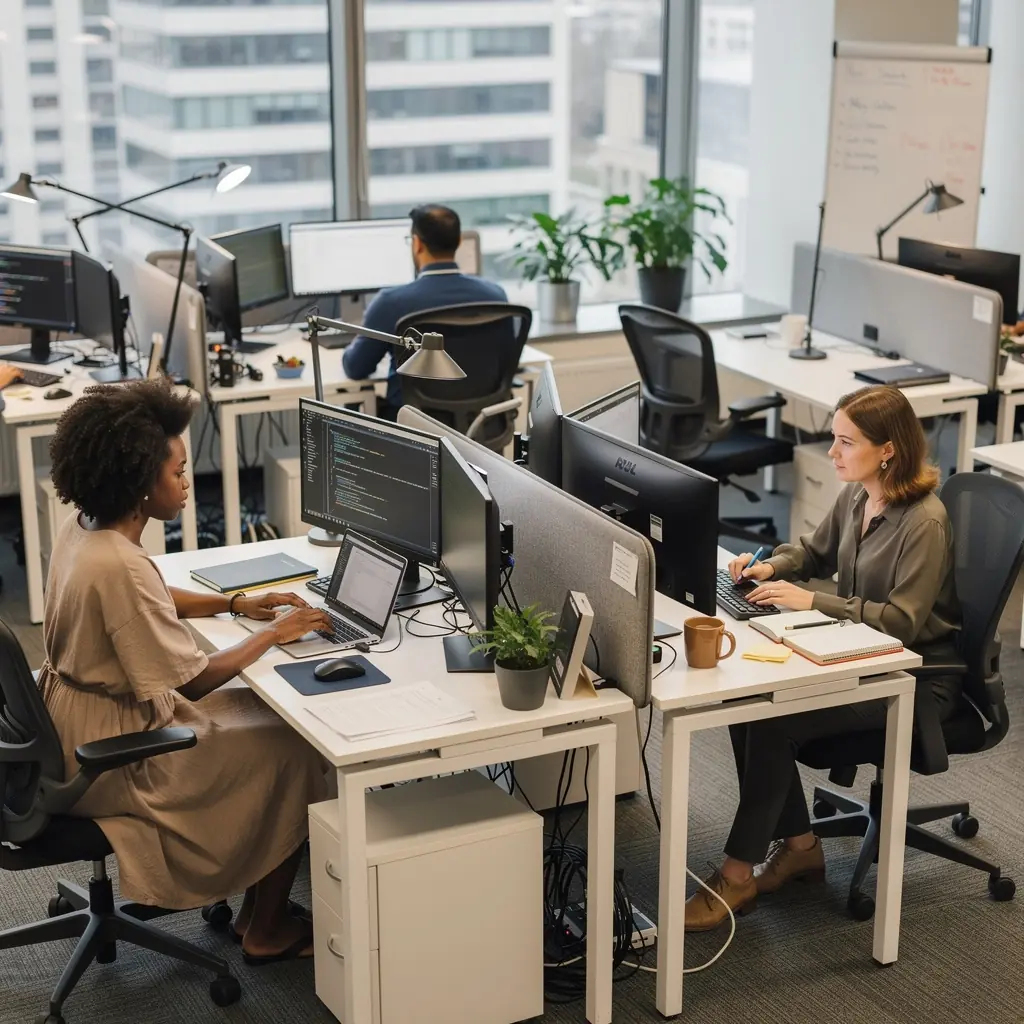 Креативная зона для мозговых штурмов с яркими цветами и удобной мебелью.