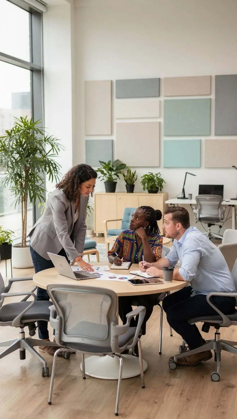 Зона для переговоров с мягким освещением и звукоизоляцией для повышения продуктивности.